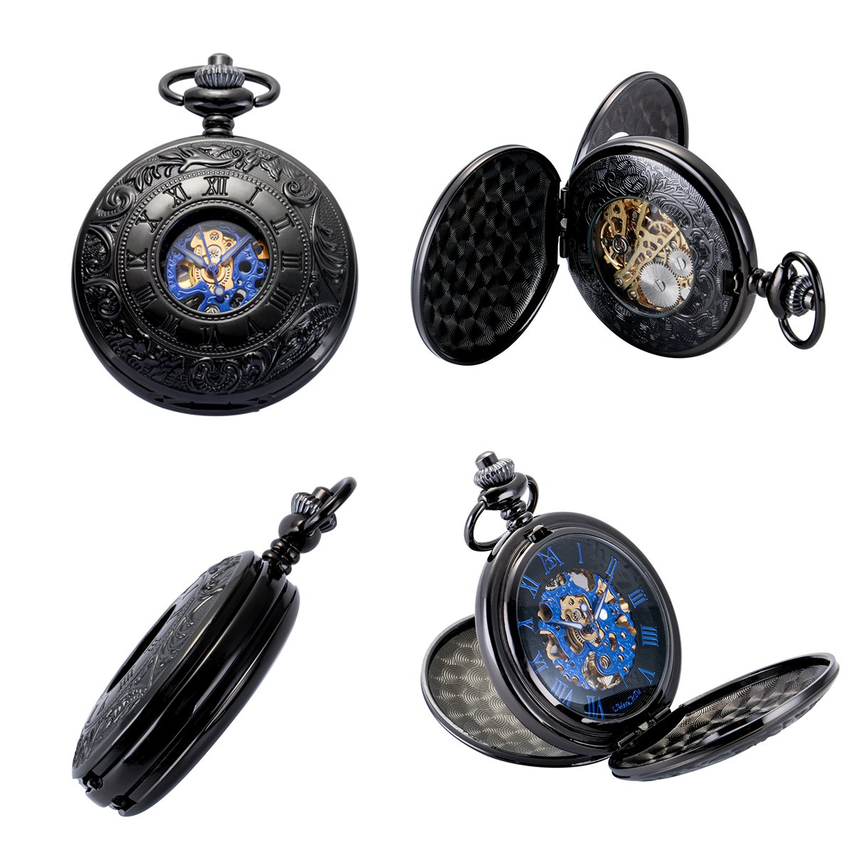 ManChDa Mechanical Roman Numerals Dial Skeleton Pocket Watches with Box and Chains for Mens Women (1.Black Blue)