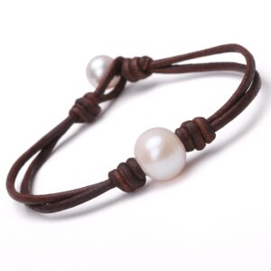 Single Cultured Freshwater Pearl Bracelet Handmade Leather Pearl Jewelry for Women by Aobei 7'' Brown