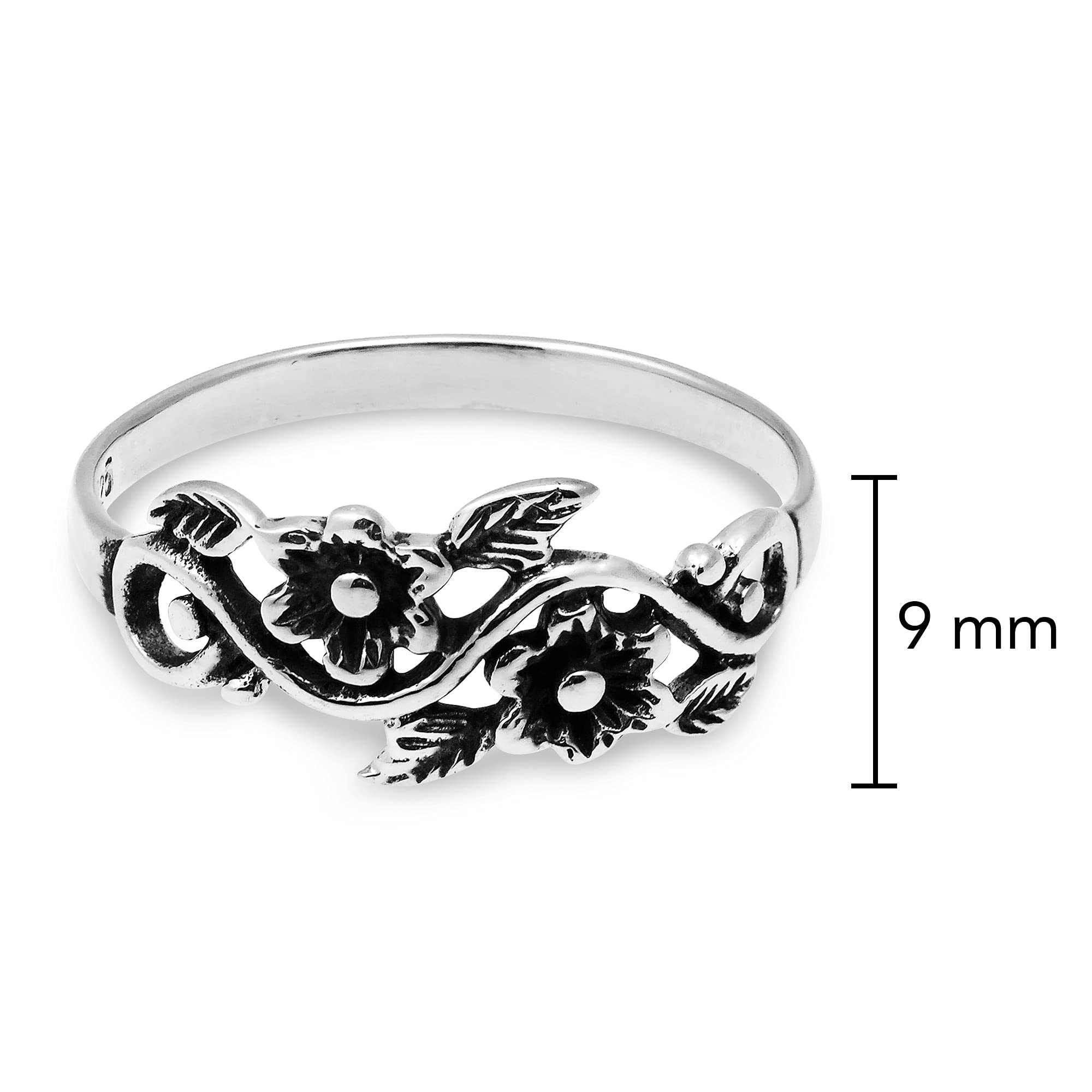 AeraVida Blooming Wild Floral Vine .925 Sterling Silver Band Ring | Statement Fashion, Promise ring, Couple Unisex Ring | Jewelry Gift for All Occasions | Size 9