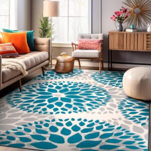 Rugshop Modern Floral Circles Design Easy Cleaning for Living Room,Bedroom,Home office,Kitchen Non Shedding Area Rug 5' x 7' Blue