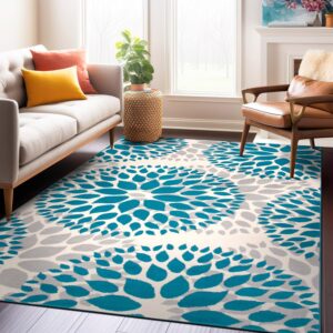 Rugshop Modern Floral Circles Design Easy Cleaning for Living Room,Bedroom,Home office,Kitchen Non Shedding Area Rug 5' x 7' Blue