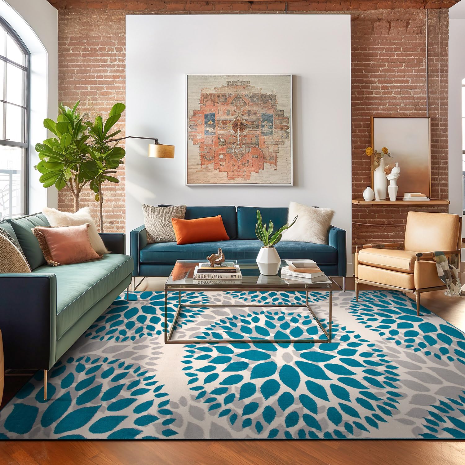 Rugshop Modern Floral Circles Design Easy Cleaning for Living Room,Bedroom,Home office,Kitchen Non Shedding Area Rug 5' x 7' Blue