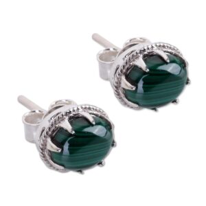 NOVICA Artisan Handmade Malachite Stud Earrings Sterling Silver Deep Green India [0.4 in L x 0.3 in W x 0.3 in D] ' Morning Forest'