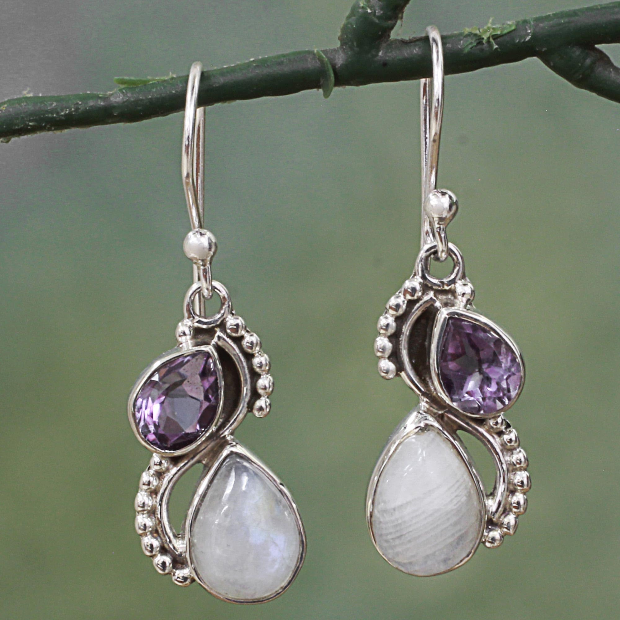 NOVICA Artisan Handmade Amethyst Rainbow Moonstone Dangle Earrings Silver with Faceted Sterling Clear Purple India Birthstone [1.4 in L x 0.4 in W x 0.2 in D] ' Two Teardrops'