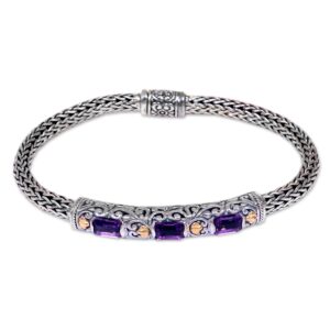 novica artisan handmade gold accent amethyst braided bracelet bali silver sterling purple pendant indonesia birthstone balinese 'bedugul temple'