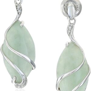 MORGAN & PAIGE .925 Sterling Silver & Green Jade Diamond-Accented 3/4" Wire-Wrapped Marquise Cut Drop Earrings