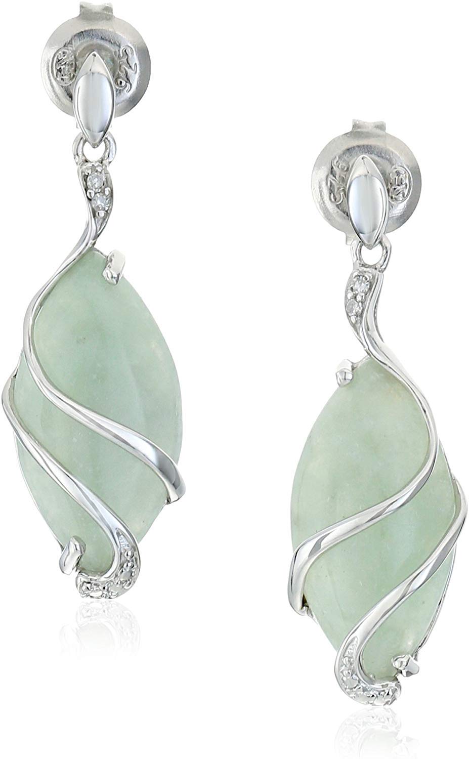 MORGAN & PAIGE .925 Sterling Silver & Green Jade Diamond-Accented 3/4" Wire-Wrapped Marquise Cut Drop Earrings