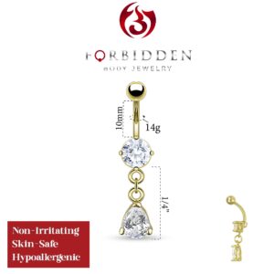 Forbidden Body Jewelry 14k Gold Plated Surgical Steel Clear CZ Crystal Tear Drop Dangle Belly Button Ring