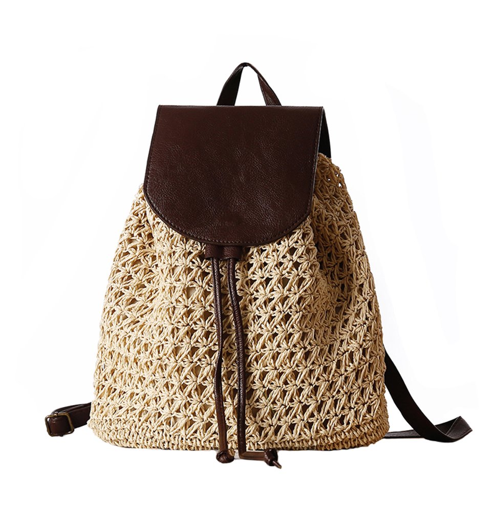 TONWHAR® Paper String Woven Purse Straw Backpack for Beach (Beige)