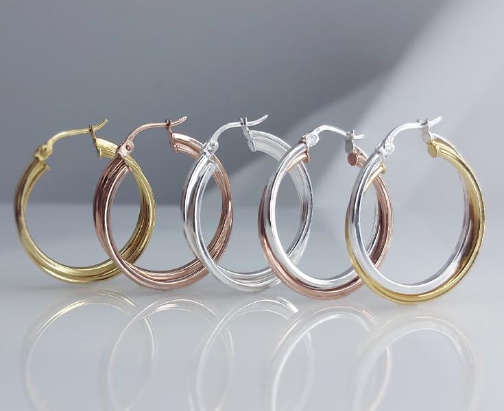 Hoops & Loops Yellow Gold Flash Sterling Silver Two-Tone Intertwining Square-Tube Polished Hoop Earrings, 20mm