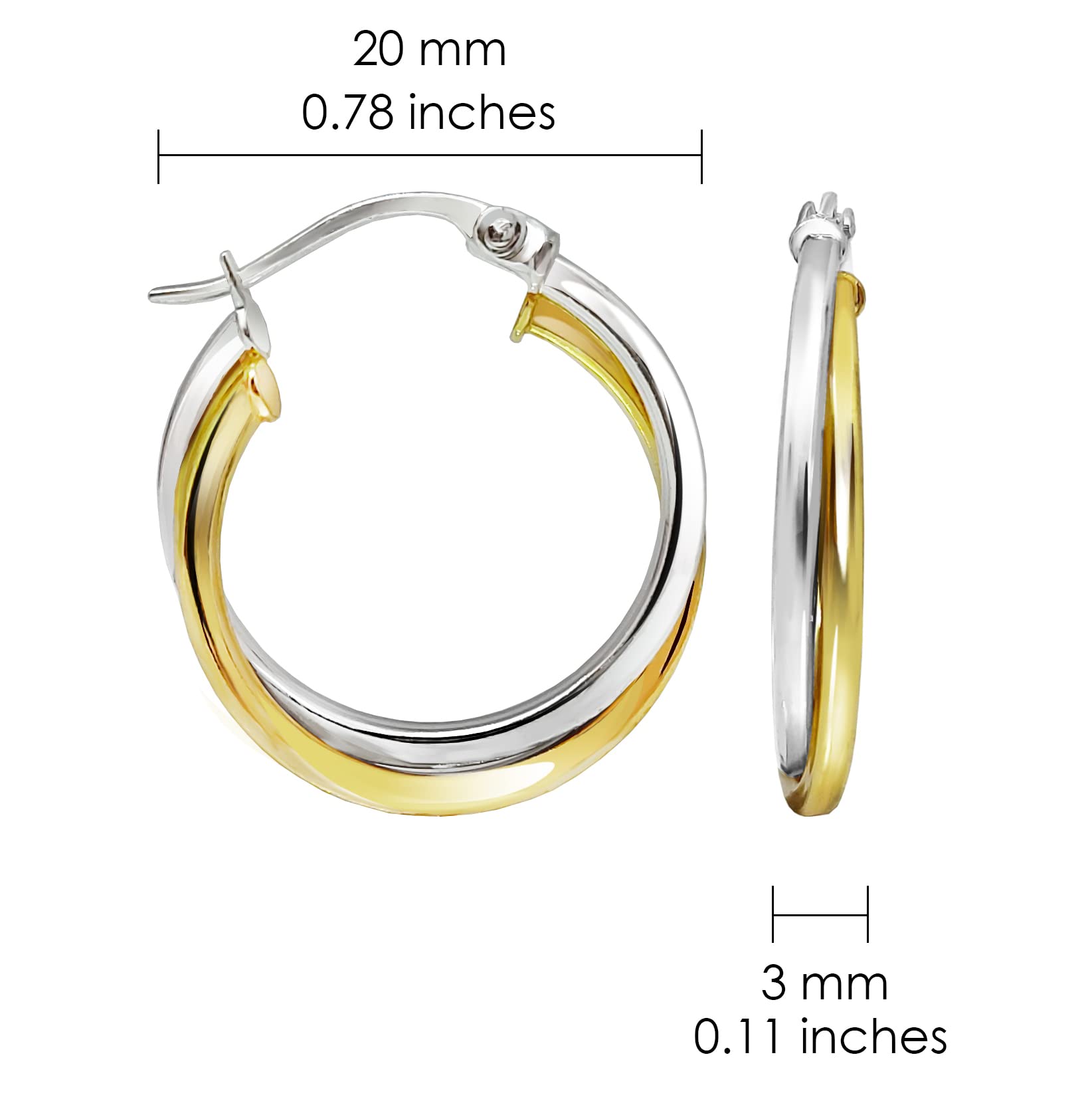 Hoops & Loops Yellow Gold Flash Sterling Silver Two-Tone Intertwining Square-Tube Polished Hoop Earrings, 20mm