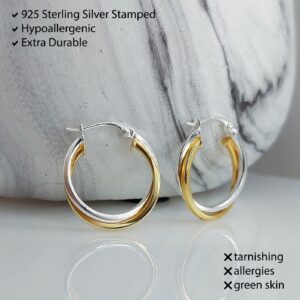 Hoops & Loops Yellow Gold Flash Sterling Silver Two-Tone Intertwining Square-Tube Polished Hoop Earrings, 20mm