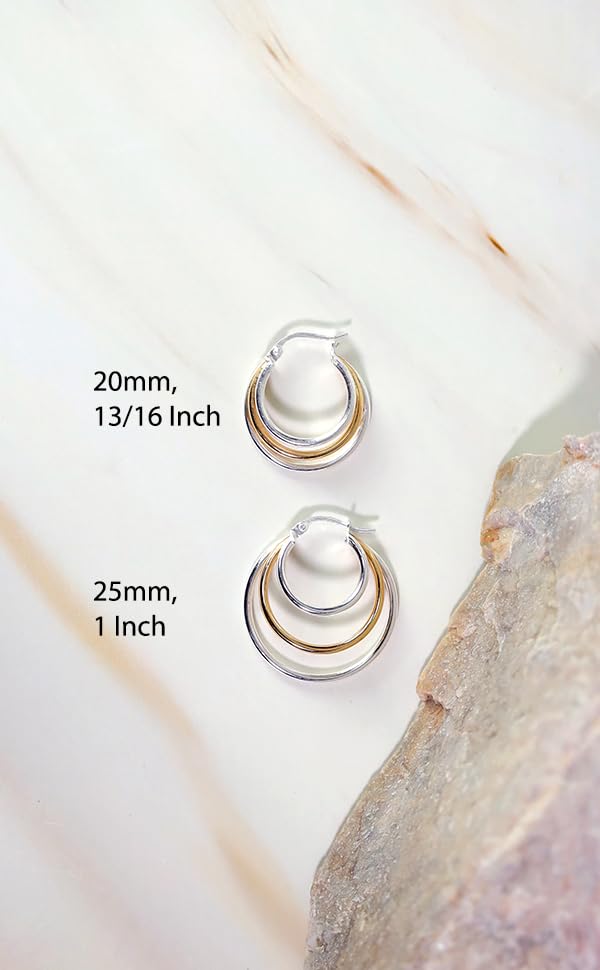 Hoops & Loops Sterling Silver Two-Tone Triple Circle Round-Tube Polished Hoop Earrings, 20mm