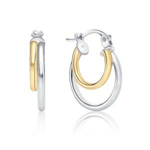 Hoops & Loops Yellow Gold Flash Sterling Silver Two-Tone Double Circle Round-Tube Polished Hoop Earrings, 15mm