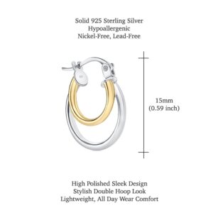 Hoops & Loops Yellow Gold Flash Sterling Silver Two-Tone Double Circle Round-Tube Polished Hoop Earrings, 15mm