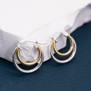 Hoops & Loops Yellow Gold Flash Sterling Silver Two-Tone Double Circle Round-Tube Polished Hoop Earrings, 15mm