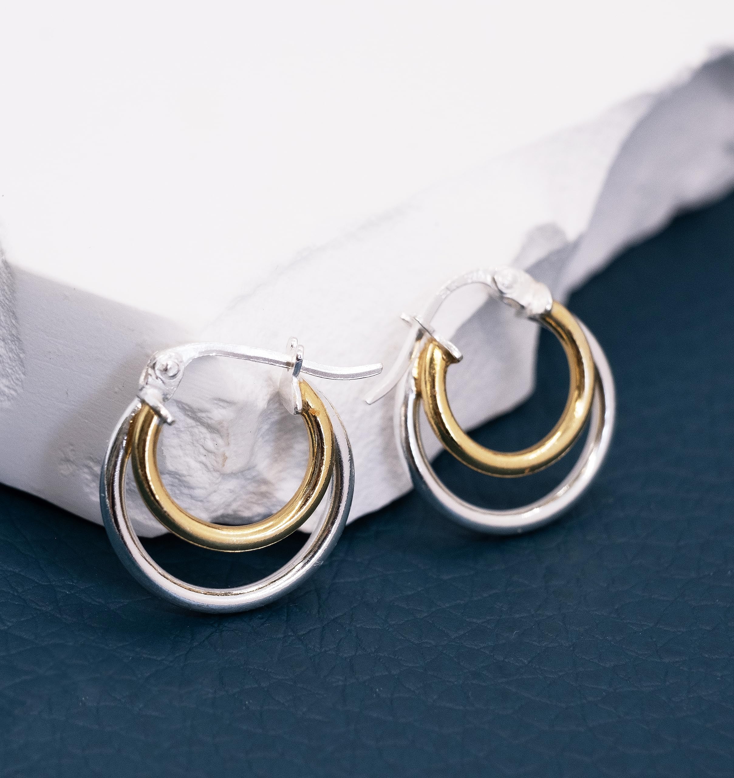 Hoops & Loops Yellow Gold Flash Sterling Silver Two-Tone Double Circle Round-Tube Polished Hoop Earrings, 15mm