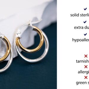 Hoops & Loops Yellow Gold Flash Sterling Silver Two-Tone Double Circle Round-Tube Polished Hoop Earrings, 15mm