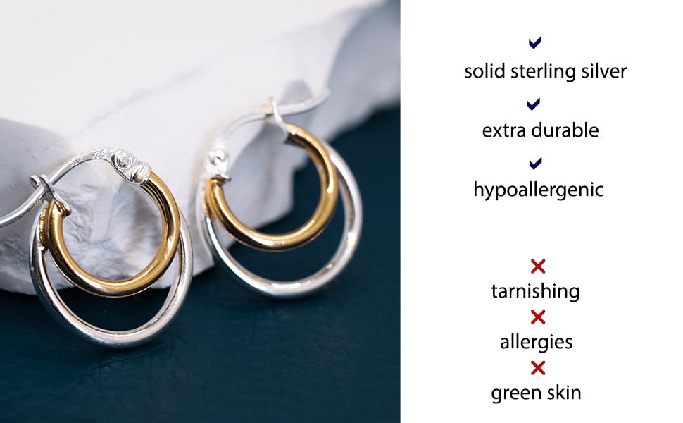 Hoops & Loops Yellow Gold Flash Sterling Silver Two-Tone Double Circle Round-Tube Polished Hoop Earrings, 15mm