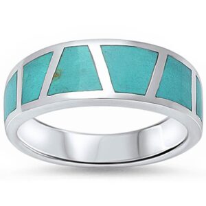 half eternity green simulated turquoise inlay wedding band ring 925 sterling silver, size-9