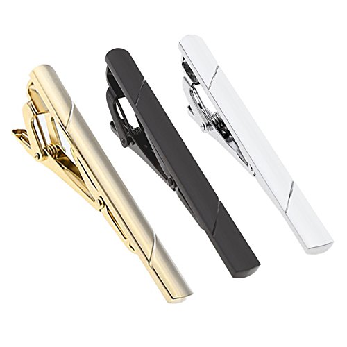 PiercingJ 3pcs Set Stainless Steel Exquisite GQ Classic Tie Bar Clip, Silver Golden Black Tone, 2.3Inches