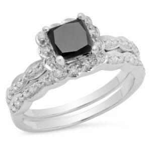 Dazzlingrock Collection 1.80 Carat (ctw) 10K Black & White Diamond Bridal Halo Engagement Ring Set, White Gold, Size 8