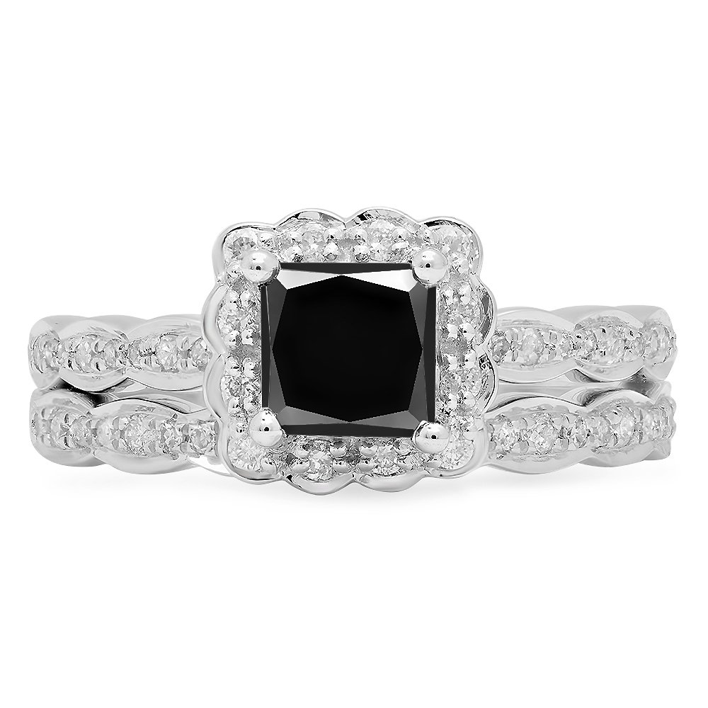 Dazzlingrock Collection 1.80 Carat (ctw) 10K Black & White Diamond Bridal Halo Engagement Ring Set, White Gold, Size 8