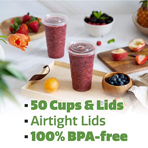 Comfy Package [24 oz. - 50 Count Clear Plastic Cups With Lids, Disposable Coffee Cups with Flat Lids - Ideal for Cold Beverages, Smoothies, and To-Go Drinks