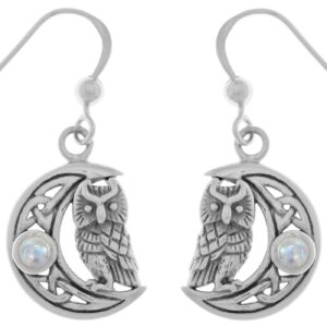 Jewelry Trends Sterling Silver Celtic Knot Crescent Moon Owl Dangle Earrings with Moonstone