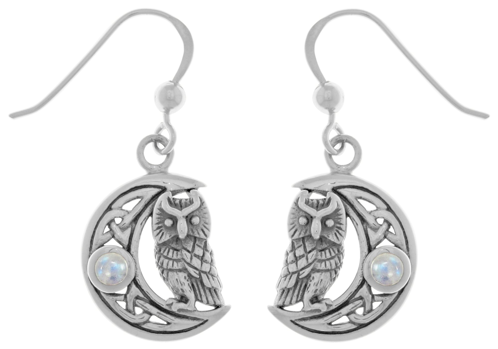 Jewelry Trends Sterling Silver Celtic Knot Crescent Moon Owl Dangle Earrings with Moonstone