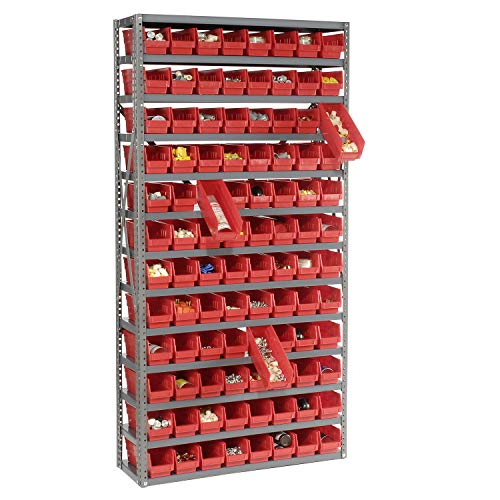 Global Industrial 13 Shelf Steel Shelving with (96) 4" H Plastic Shelf Bins, Red, 36x12x72