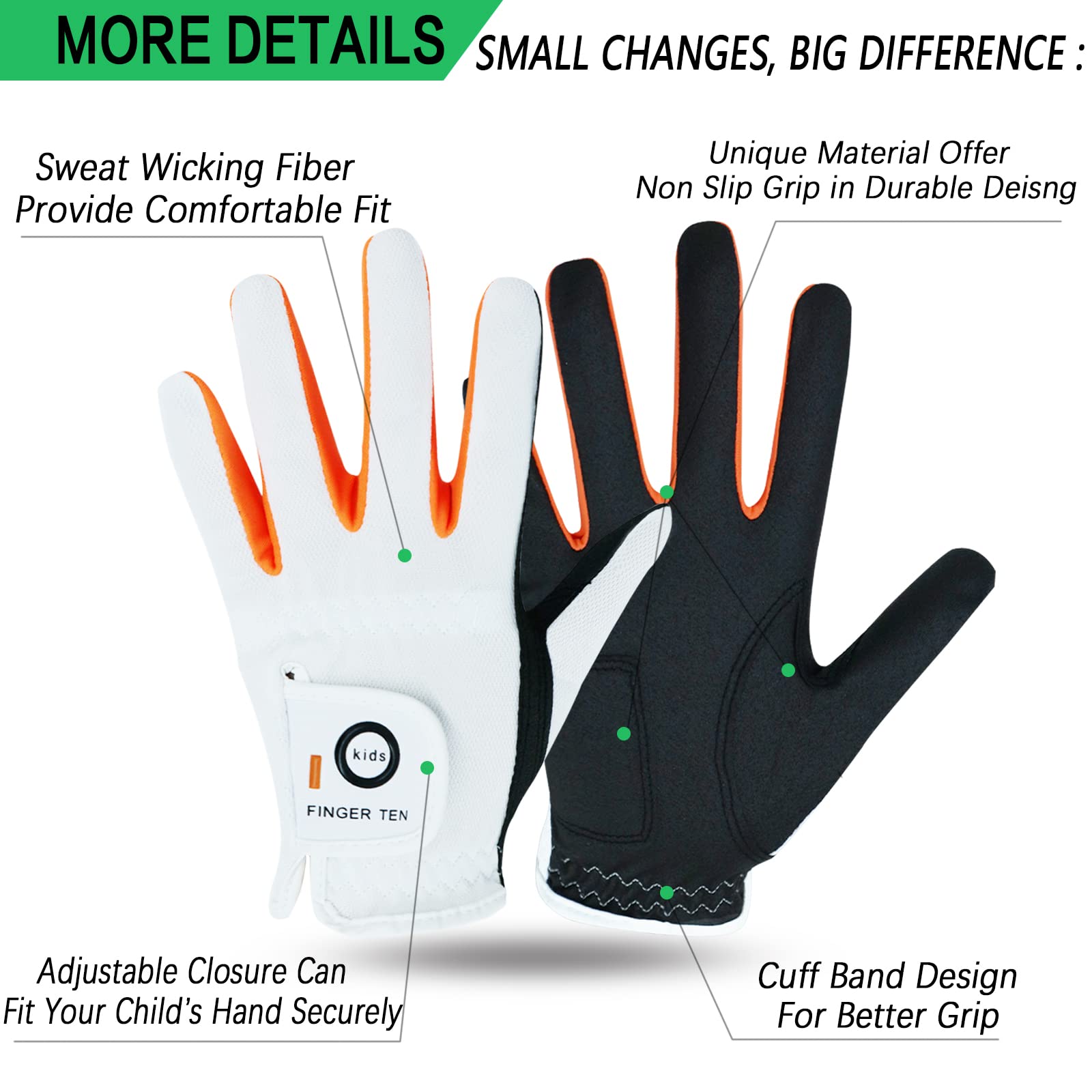 FINGER TEN Junior kids Dura Feel White Blue Red Yellow Golf Gloves Extra Value 2 Pack (Small White, left)