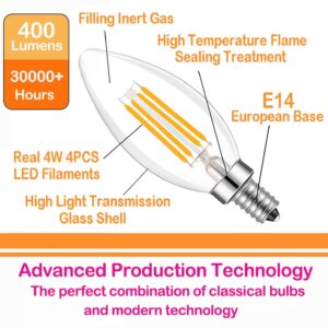 Lamsky E14 Base LED Filament Candle Shape Light Bulb,E14 European Base Bulb,Warm White 2700K 400LM 40W Equivalent,C35 Clear Glass Torpedo Shape Bullet Top,No-Dimmable (4-Pack)