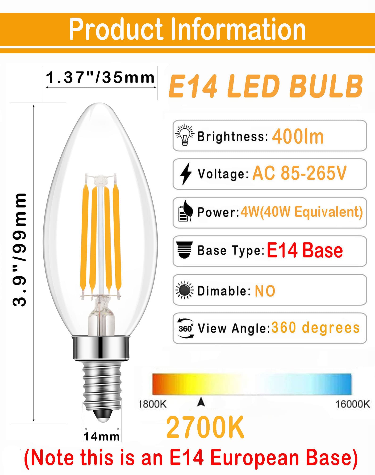 Lamsky E14 Base LED Filament Candle Shape Light Bulb,E14 European Base Bulb,Warm White 2700K 400LM 40W Equivalent,C35 Clear Glass Torpedo Shape Bullet Top,No-Dimmable (4-Pack)