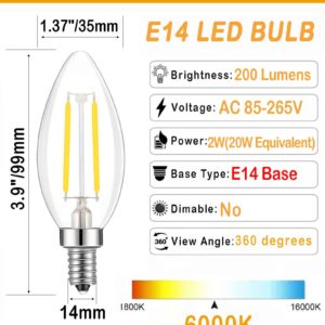 Lamsky E14 LED Filament Candle Shape Light Bulb,E14 European Base Bulb,Daylight 6000K 200LM 20W Equivalent,C35 Clear Glass Torpedo Shape Bullet Top,No-Dimmable (4-Pack)