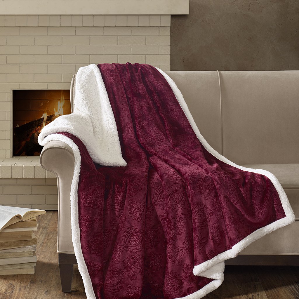 Madison Park Elma Luxury Oversized Textured Plush Throw Burgundy 60*70 Premium Soft Cozy Embossed Micro Velour For Bed, Coach or Sofa