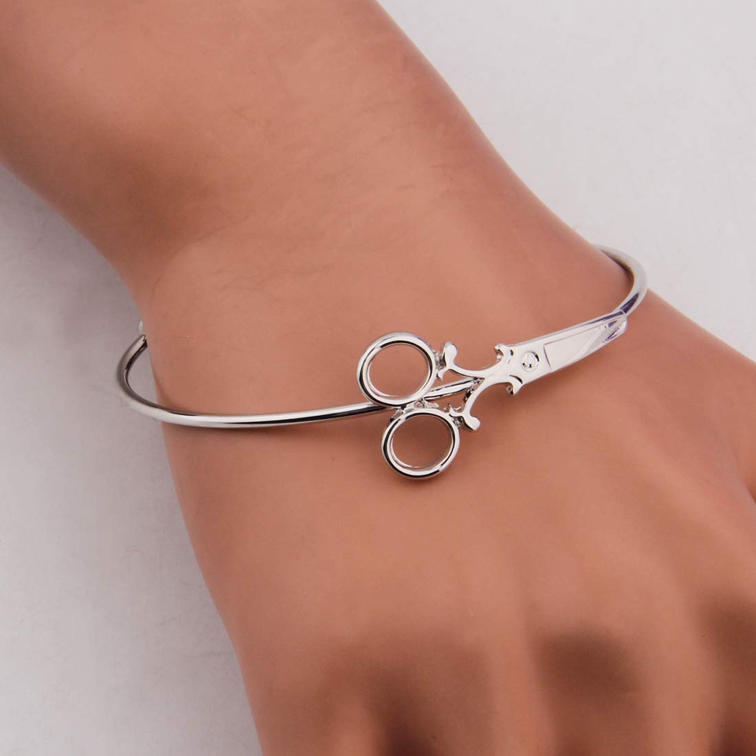 KUIYAI Minimalist Shears Scissor Bangle Stacking Adjustable Wire Bracelet for Hairdresser (Silver)