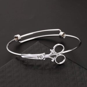 KUIYAI Minimalist Shears Scissor Bangle Stacking Adjustable Wire Bracelet for Hairdresser (Silver)