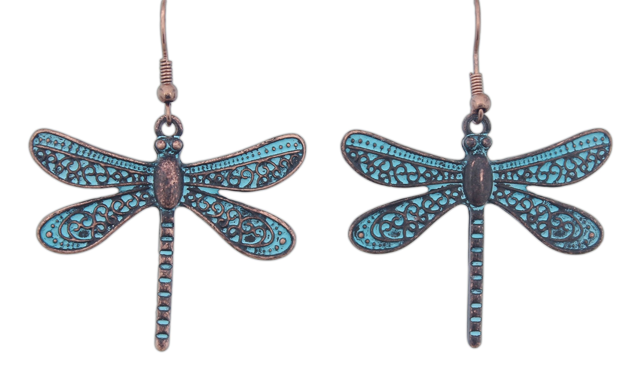 Rain 2" Copper Turquoise Patina-Style Dragonfly Earrings