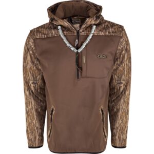 drake waterfowl men's mst endurance soft shell camo hunting warm quarter-zip hoodie with chest pocket & 2 hip zipper pockets, mossy oak bottomland, large