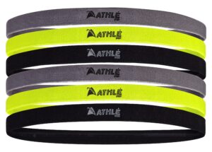 athlé skinny headbands for women and men - 6 pack - elastic headbands for women and men - non slip silicone grip - lightweight and comfortable thin headbands - black, green, grey