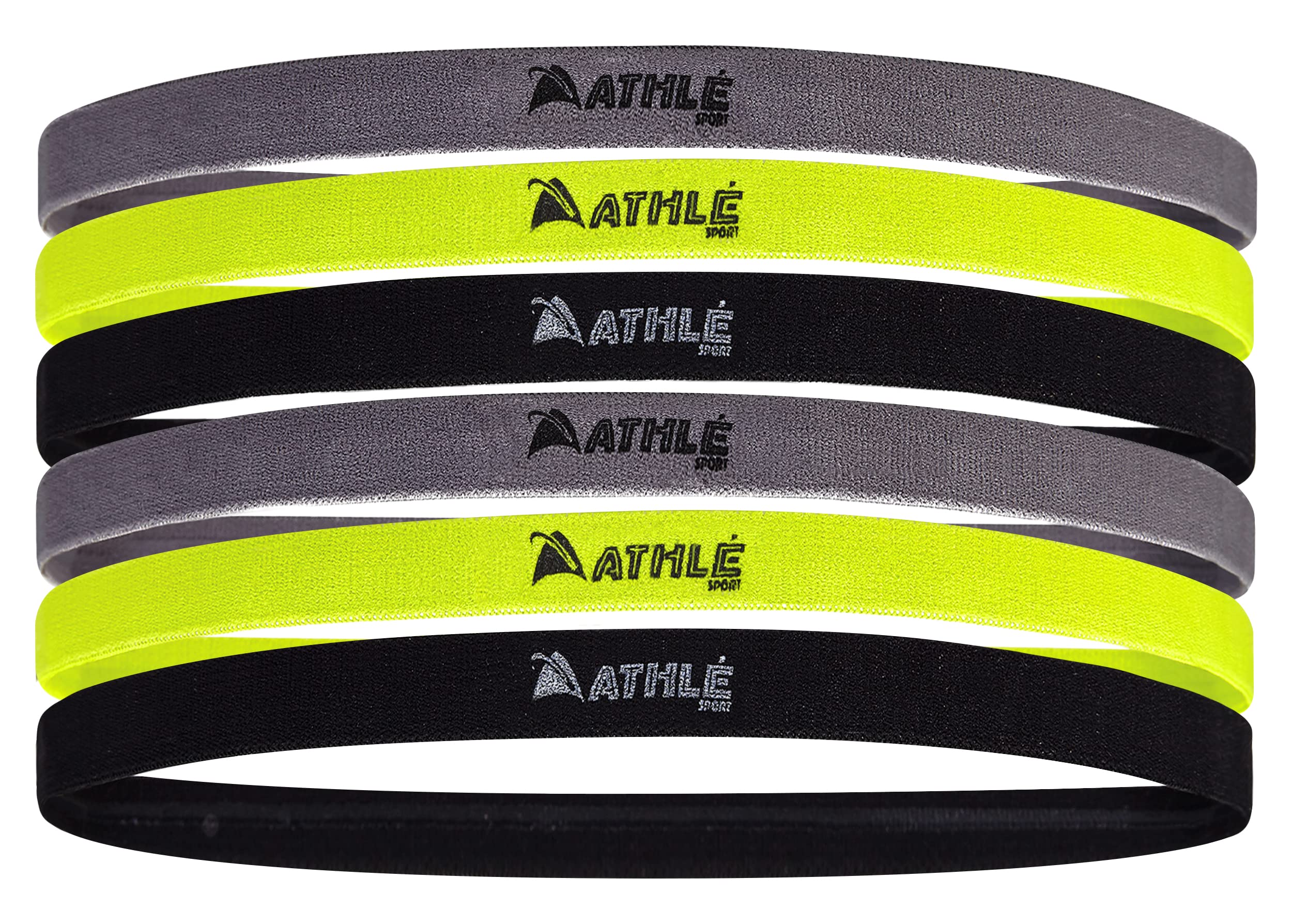 Athlé Skinny Headbands for Women and Men - 6 Pack - Elastic Headbands for Women and Men - Non Slip Silicone Grip - Lightweight and Comfortable Thin Headbands - Black, Green, Grey