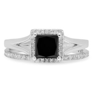 Dazzlingrock Collection 1.80 Carat (ctw) 10K Black & White Diamond Bridal Halo Engagement Ring Set, White Gold, Size 7.5