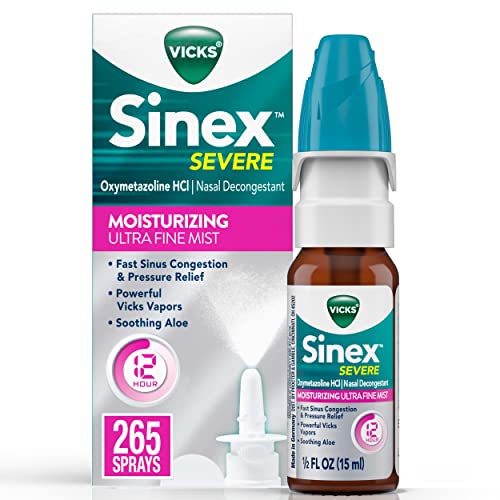 Vicks Sinex Severe Nasal Spray with Moisturizing Ultra Fine Mist, Decongestant for Stuffy Nose Relief from Cold, Allergy, Sinus Pressure - 265 Sprays