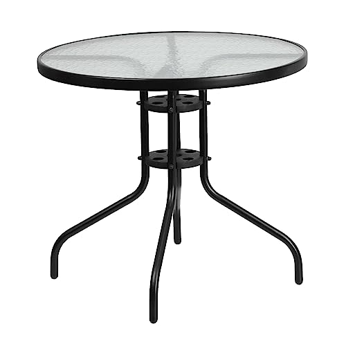 Flash Furniture 31.5'' Round Glass Metal Table with 4 Black Metal Aluminum Slat Stack Chairs