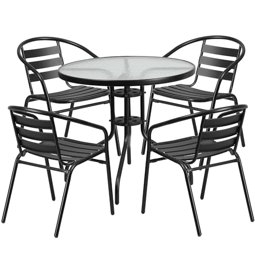 Flash Furniture 31.5'' Round Glass Metal Table with 4 Black Metal Aluminum Slat Stack Chairs