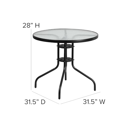 Flash Furniture 31.5'' Round Glass Metal Table with 4 Black Metal Aluminum Slat Stack Chairs