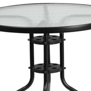 Flash Furniture 31.5'' Round Glass Metal Table with 4 Black Metal Aluminum Slat Stack Chairs