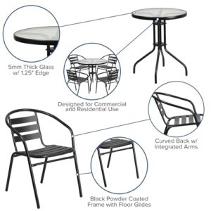 Flash Furniture 31.5'' Round Glass Metal Table with 4 Black Metal Aluminum Slat Stack Chairs