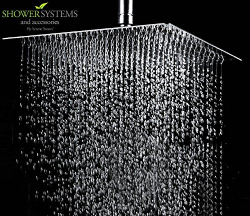 Luxury Ultra-Thin High Pressure 8'' Square Rainfall Shower head Brushed Satin Plus 8 inch Extension Arm Shower System and Accessories by Serene Steam